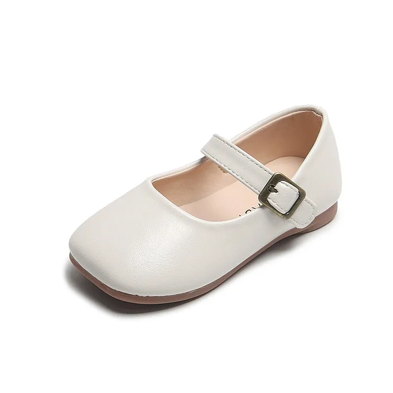 Soft Leather Shoes with Buckle on Flat Sole - Beige, Black, Red