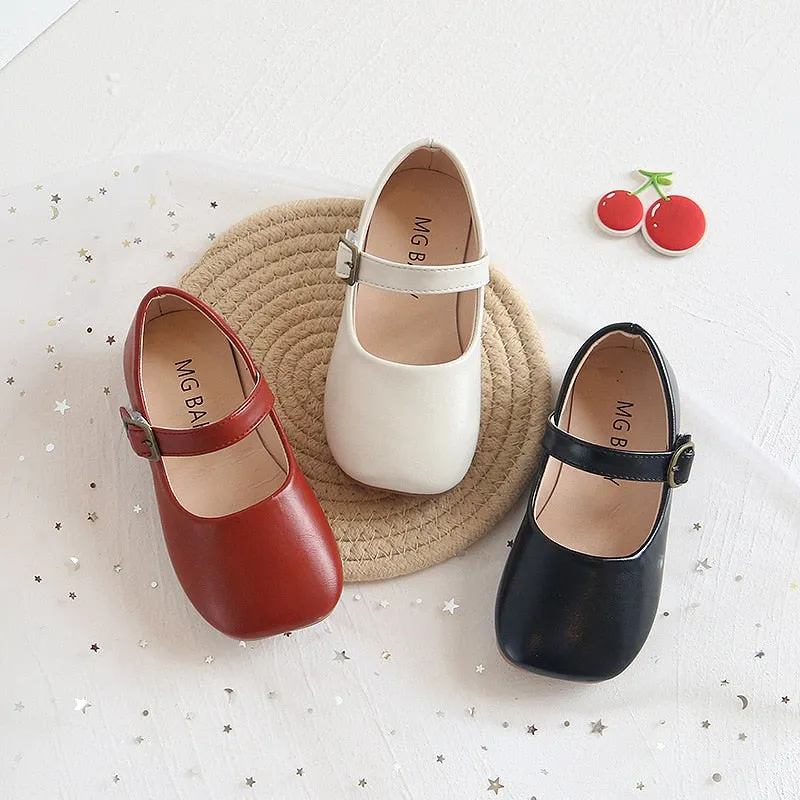Soft Leather Shoes with Buckle on Flat Sole - Beige, Black, Red