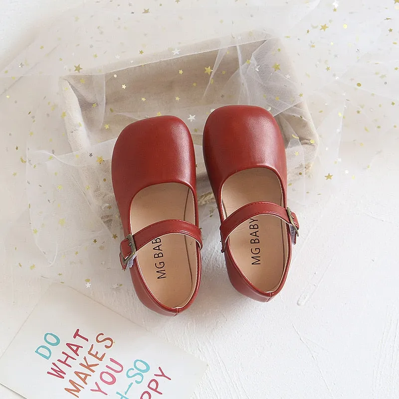 Soft Leather Shoes with Buckle on Flat Sole - Beige, Black, Red