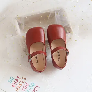 Soft Leather Shoes with Buckle on Flat Sole - Beige, Black, Red