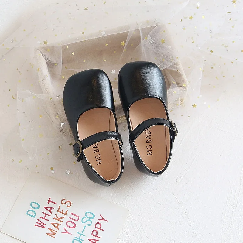 Soft Leather Shoes with Buckle on Flat Sole - Beige, Black, Red