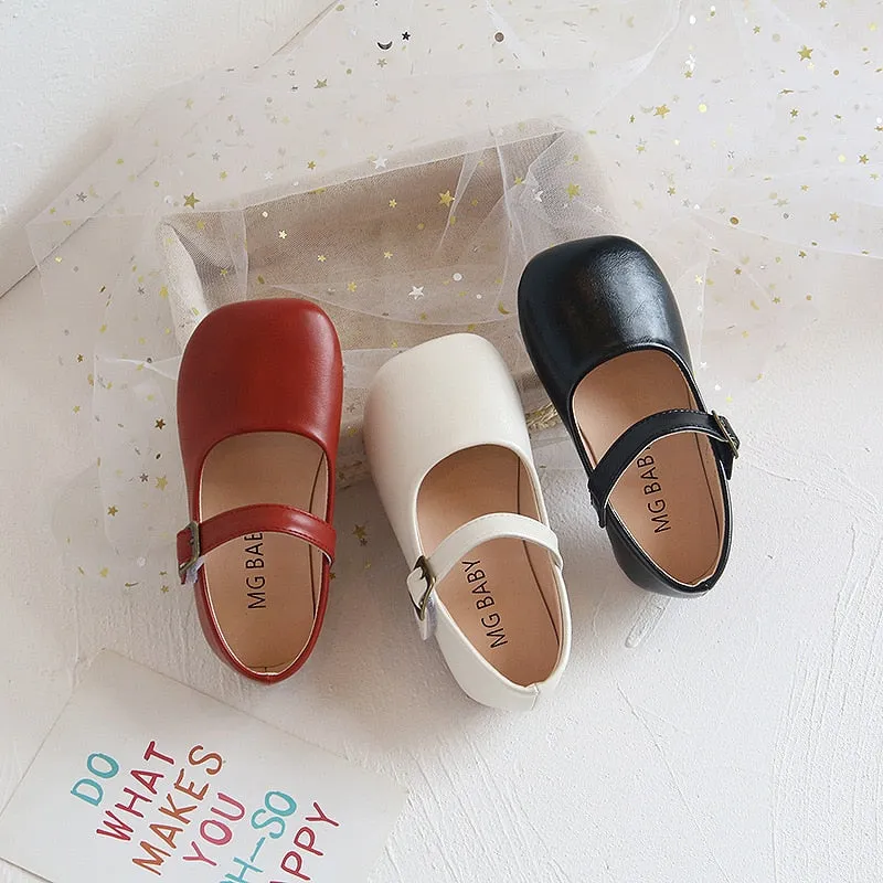 Soft Leather Shoes with Buckle on Flat Sole - Beige, Black, Red