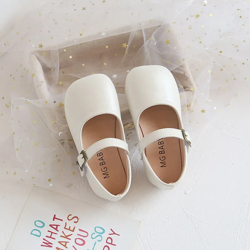 Soft Leather Shoes with Buckle on Flat Sole - Beige, Black, Red