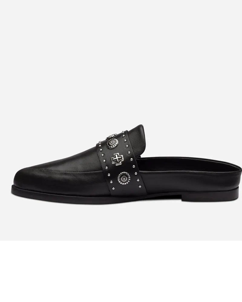 Sol Sana Tuesday Black Leather  Metal Hardware Mules