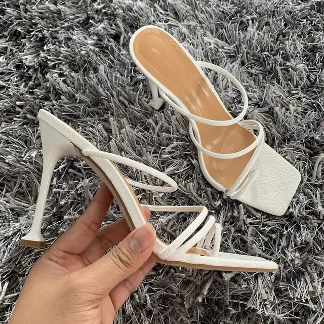 Square Toe Sandals Slipper Thin High Heels Slides Faux Leather