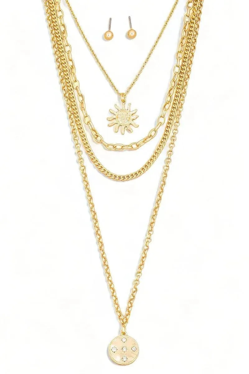Stunning Layered Chain Sun Pendant Necklace with Matching Ball Earrings Set
