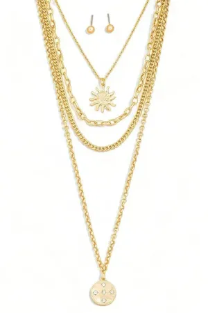 Stunning Layered Chain Sun Pendant Necklace with Matching Ball Earrings Set