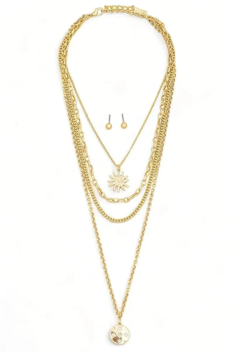 Stunning Layered Chain Sun Pendant Necklace with Matching Ball Earrings Set