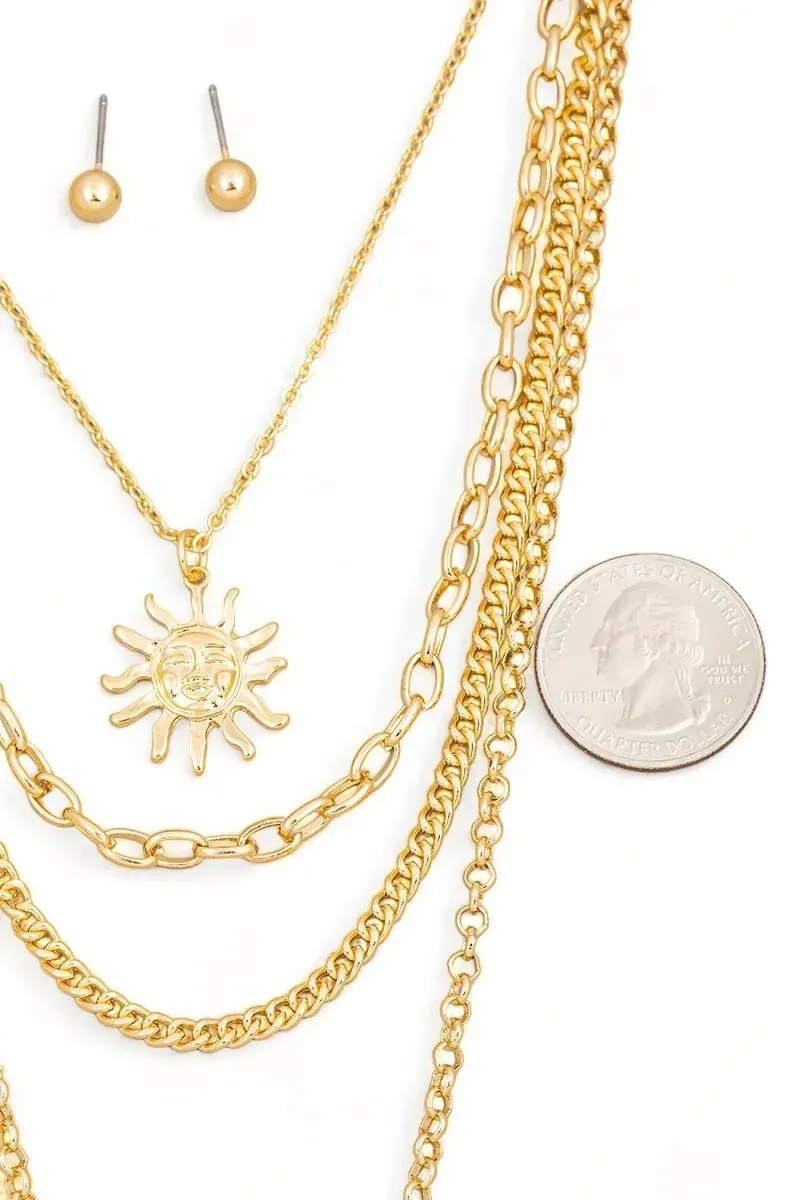 Stunning Layered Chain Sun Pendant Necklace with Matching Ball Earrings Set