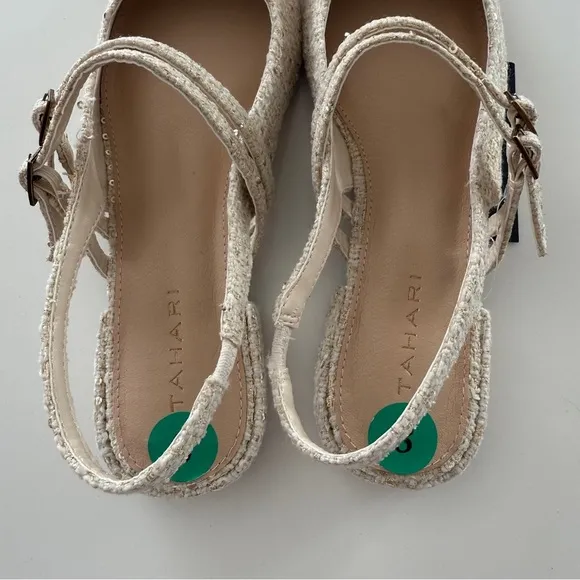 Tahari-NWT- Password-Tweed-Mary Jane-Sling Back-Buckle-Cream-Gold-Classic-Size 8