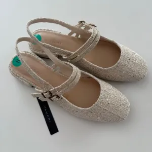 Tahari-NWT- Password-Tweed-Mary Jane-Sling Back-Buckle-Cream-Gold-Classic-Size 8