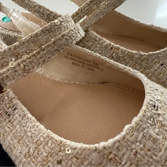 Tahari-NWT- Password-Tweed-Mary Jane-Sling Back-Buckle-Cream-Gold-Classic-Size 8