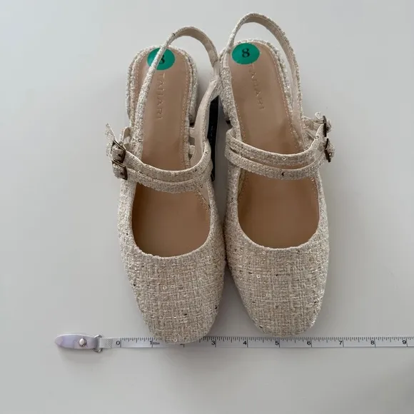 Tahari-NWT- Password-Tweed-Mary Jane-Sling Back-Buckle-Cream-Gold-Classic-Size 8