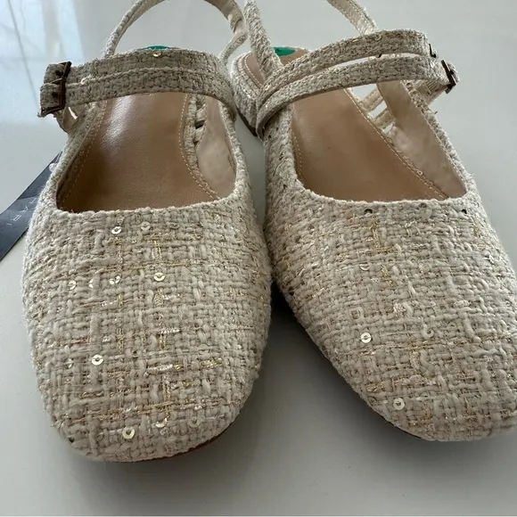 Tahari-NWT- Password-Tweed-Mary Jane-Sling Back-Buckle-Cream-Gold-Classic-Size 8
