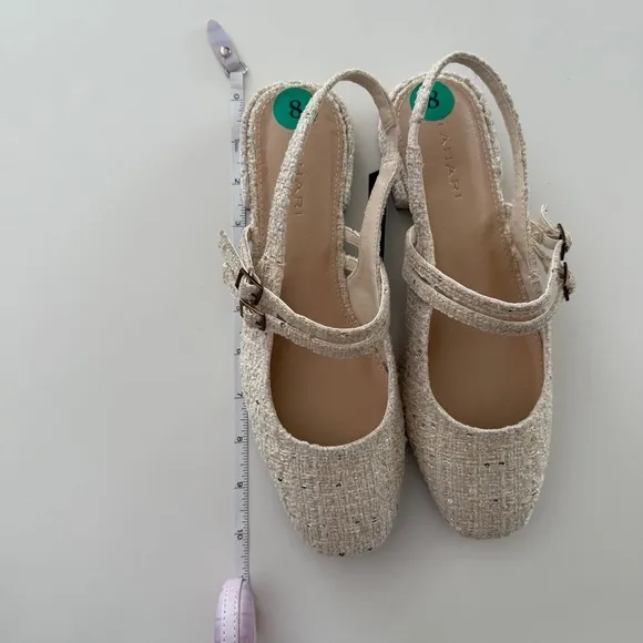 Tahari-NWT- Password-Tweed-Mary Jane-Sling Back-Buckle-Cream-Gold-Classic-Size 8