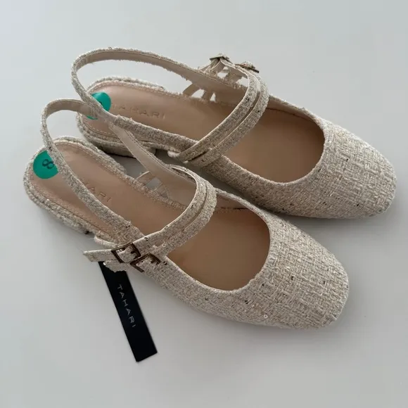 Tahari-NWT- Password-Tweed-Mary Jane-Sling Back-Buckle-Cream-Gold-Classic-Size 8