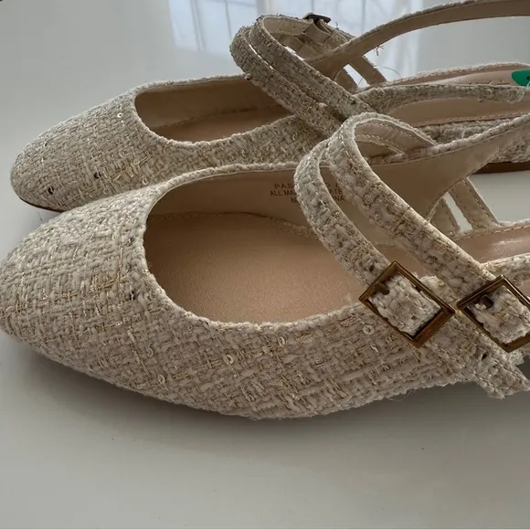 Tahari-NWT- Password-Tweed-Mary Jane-Sling Back-Buckle-Cream-Gold-Classic-Size 8