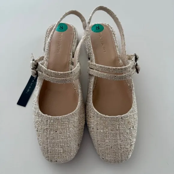 Tahari-NWT- Password-Tweed-Mary Jane-Sling Back-Buckle-Cream-Gold-Classic-Size 8