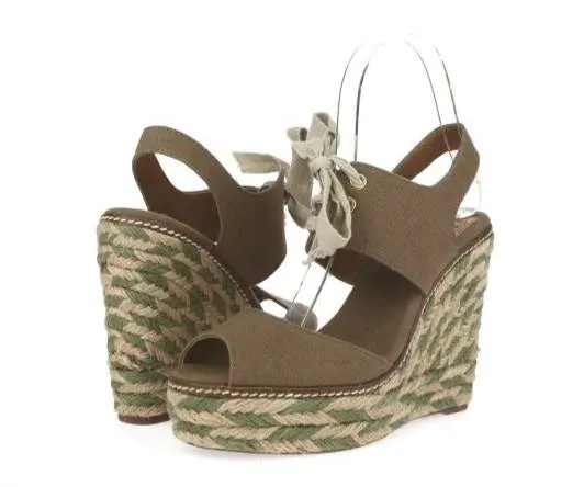 Tory Burch Brown Lace Up Ankle Strap High Heel Wedges Sandal
