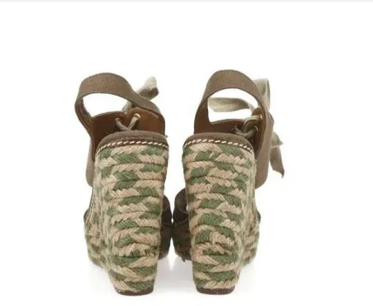 Tory Burch Brown Lace Up Ankle Strap High Heel Wedges Sandal