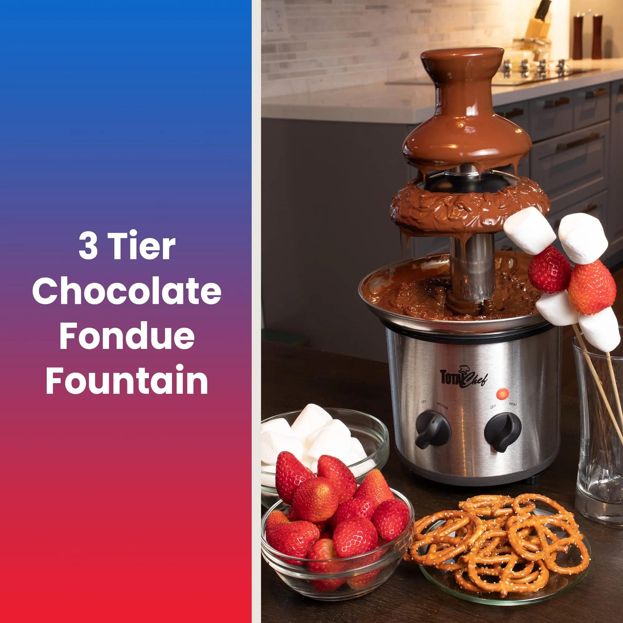 Total Chef 3 Tier Electric Chocolate Fondue Fountain Machine | Huge 1.5 Lbs Capacity | Adjustable Temperature | for Party Buffet Gathering | Dip Strawberries Apple Wedges and More | Stainless Still