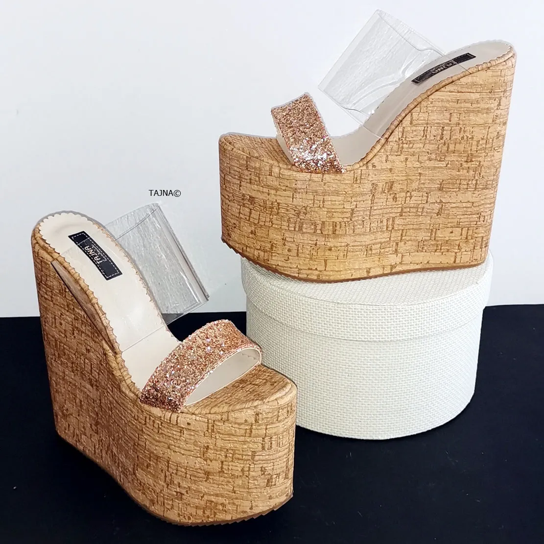 Transparent Gold Glitter Heel Platform Wedges
