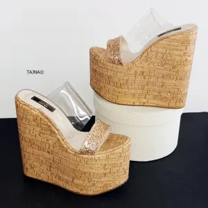 Transparent Gold Glitter Heel Platform Wedges