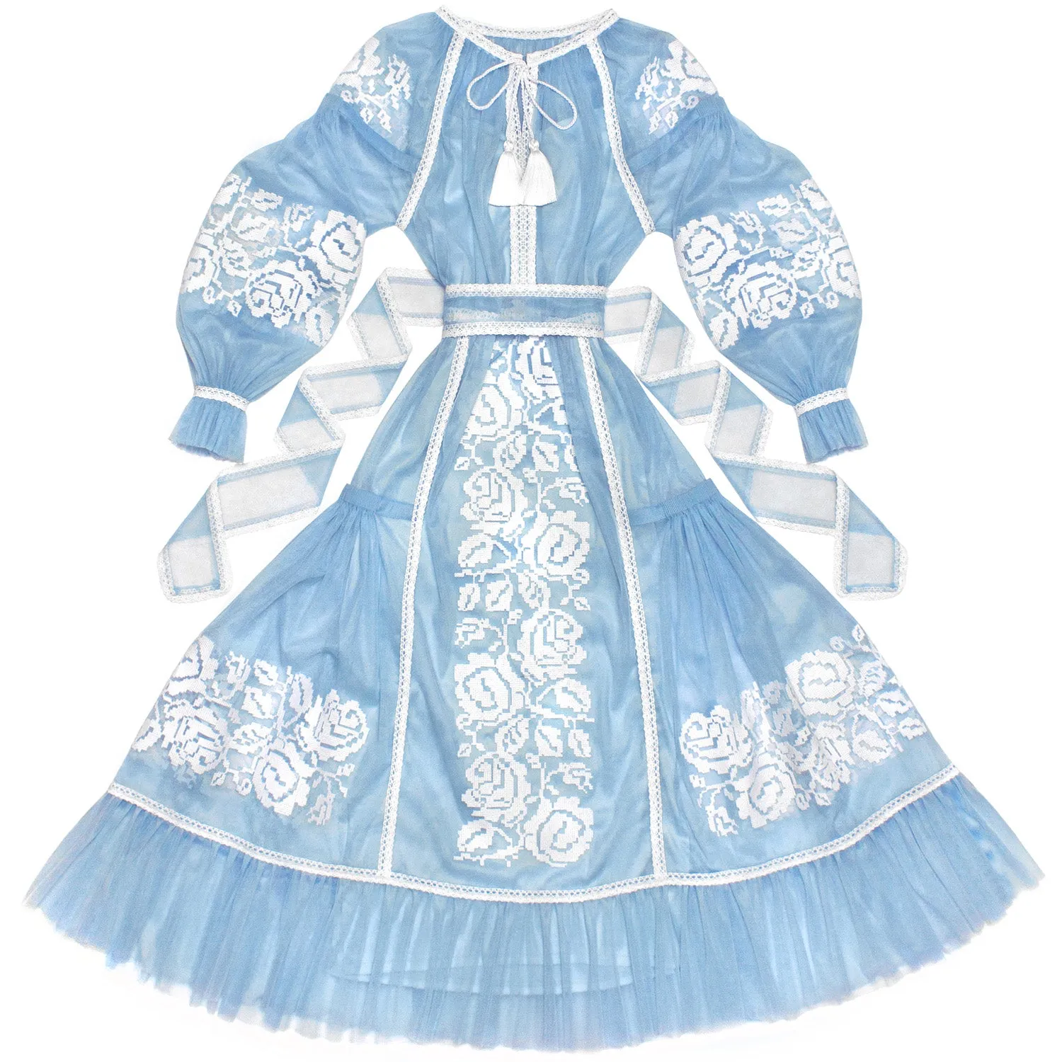 Tulle kaftan with embroidery and lace