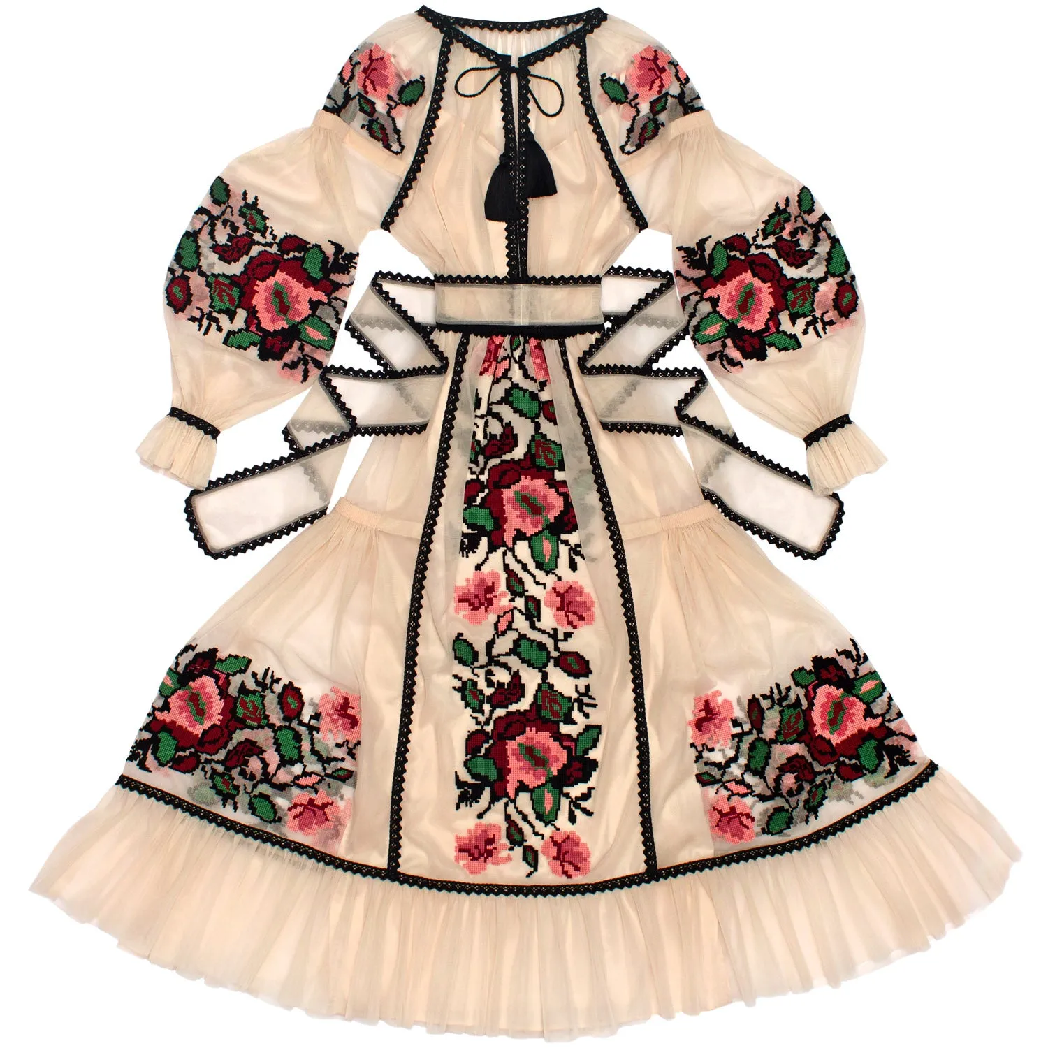 Tulle kaftan with embroidery and lace