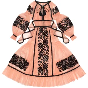 Tulle kaftan with embroidery and lace