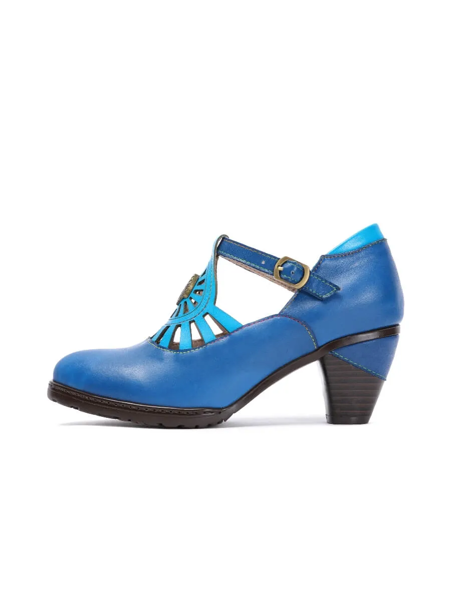 Turquoise Genuine Leather Cut Out Vintage Mary Jane Heeled Pumps