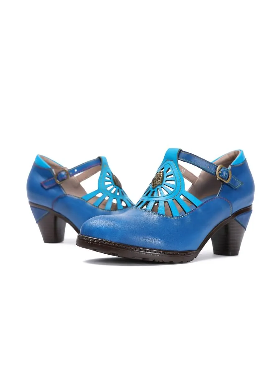 Turquoise Genuine Leather Cut Out Vintage Mary Jane Heeled Pumps