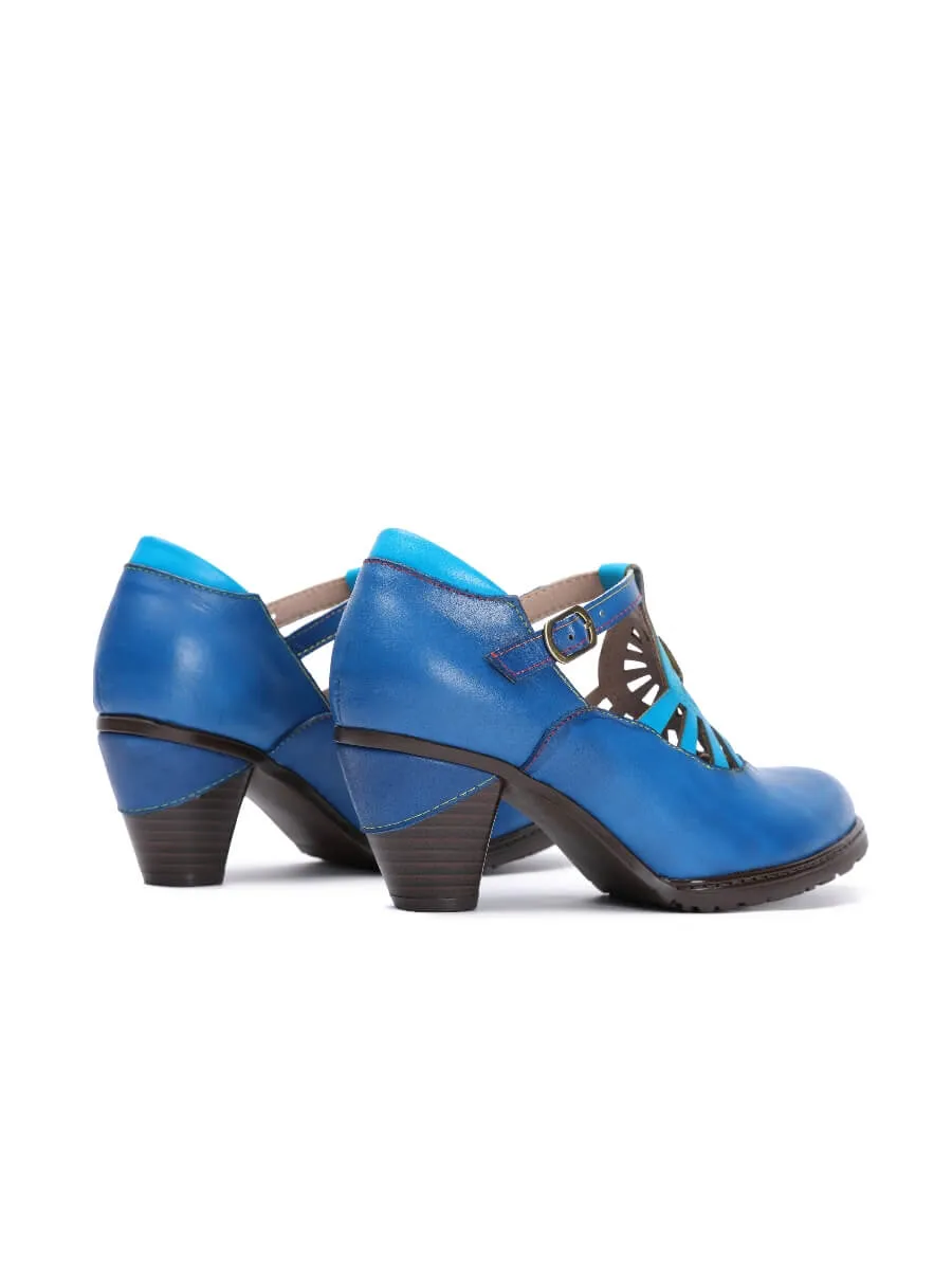 Turquoise Genuine Leather Cut Out Vintage Mary Jane Heeled Pumps