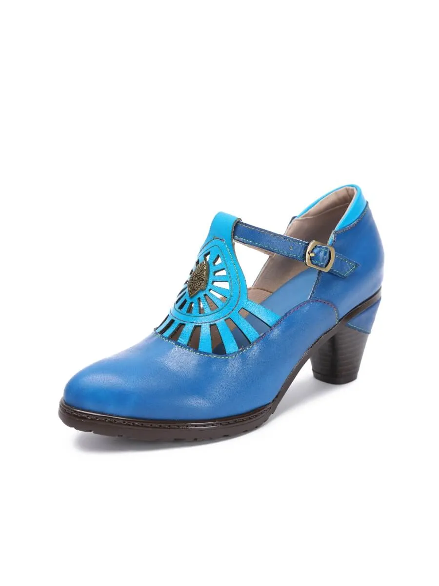 Turquoise Genuine Leather Cut Out Vintage Mary Jane Heeled Pumps