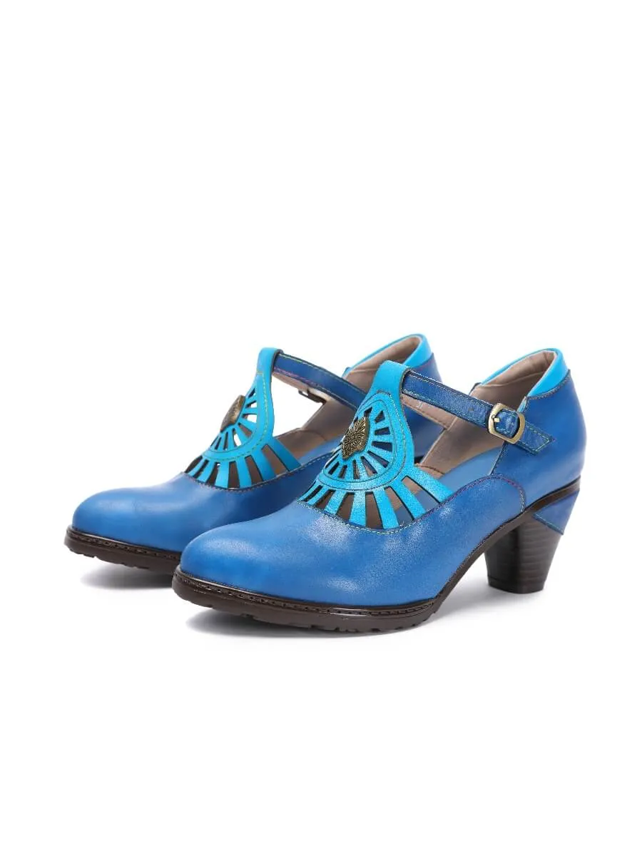 Turquoise Genuine Leather Cut Out Vintage Mary Jane Heeled Pumps