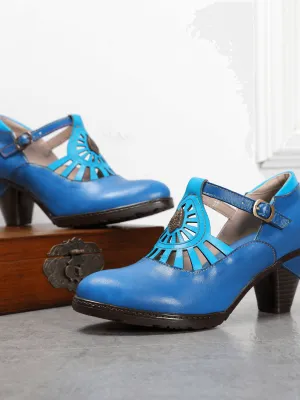 Turquoise Genuine Leather Cut Out Vintage Mary Jane Heeled Pumps