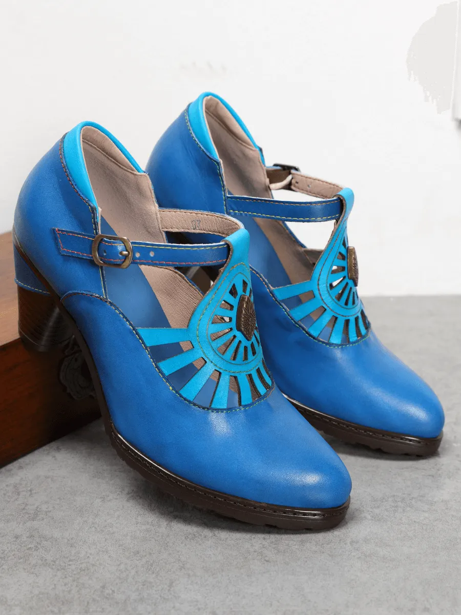 Turquoise Genuine Leather Cut Out Vintage Mary Jane Heeled Pumps