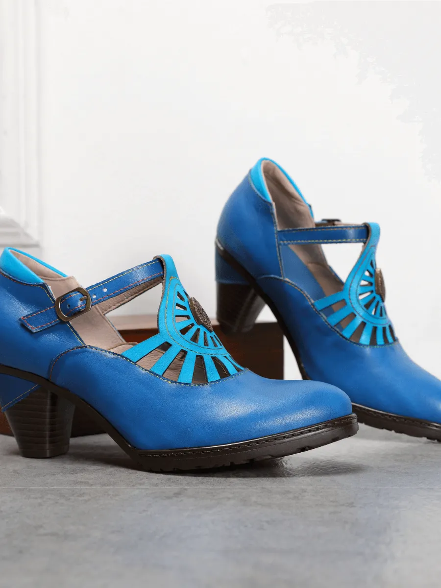 Turquoise Genuine Leather Cut Out Vintage Mary Jane Heeled Pumps