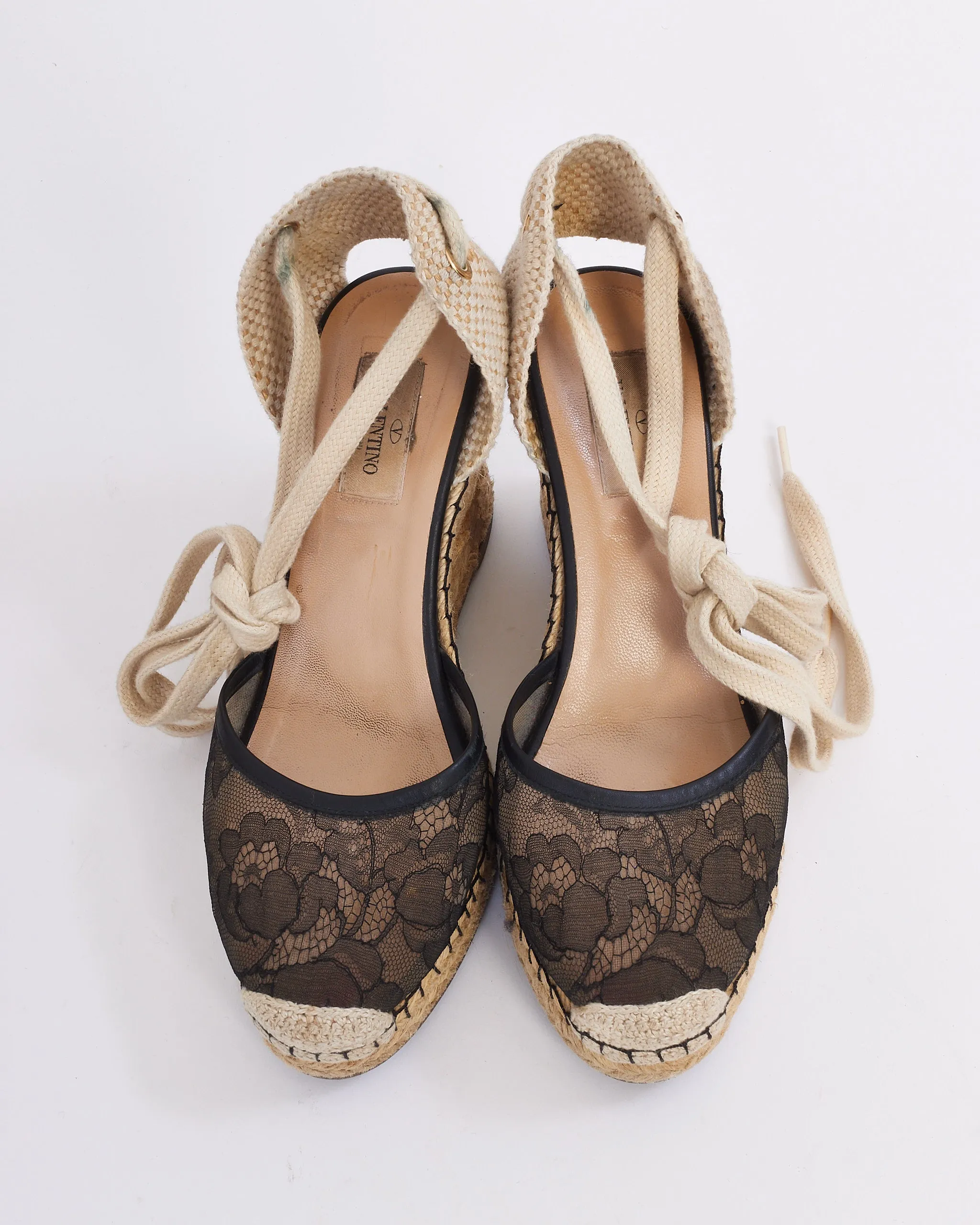 Valentino Black Lace Pattern Slingback Sandal Wedges - 39