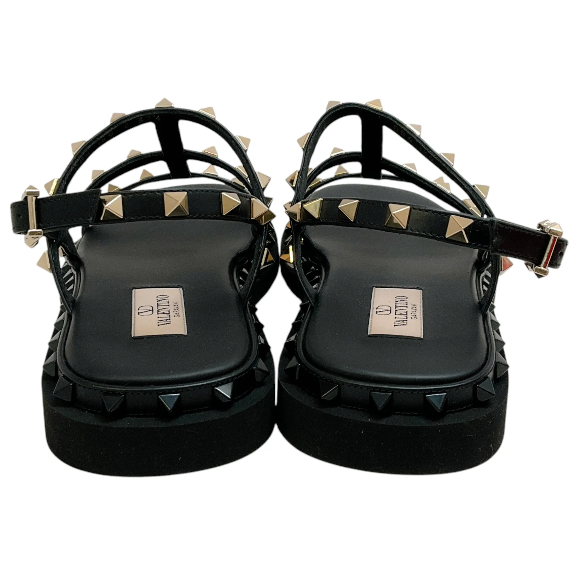 Valentino Black Leather Multi Strap Rockstud Flat Sandals