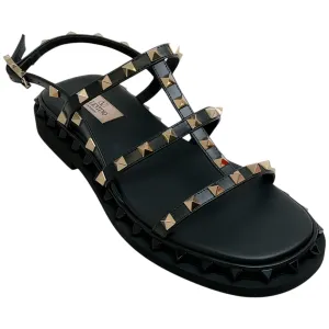 Valentino Black Leather Multi Strap Rockstud Flat Sandals