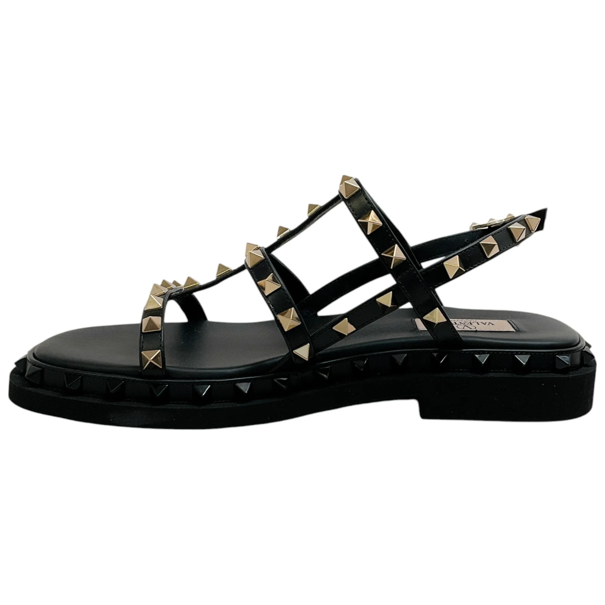 Valentino Black Leather Multi Strap Rockstud Flat Sandals