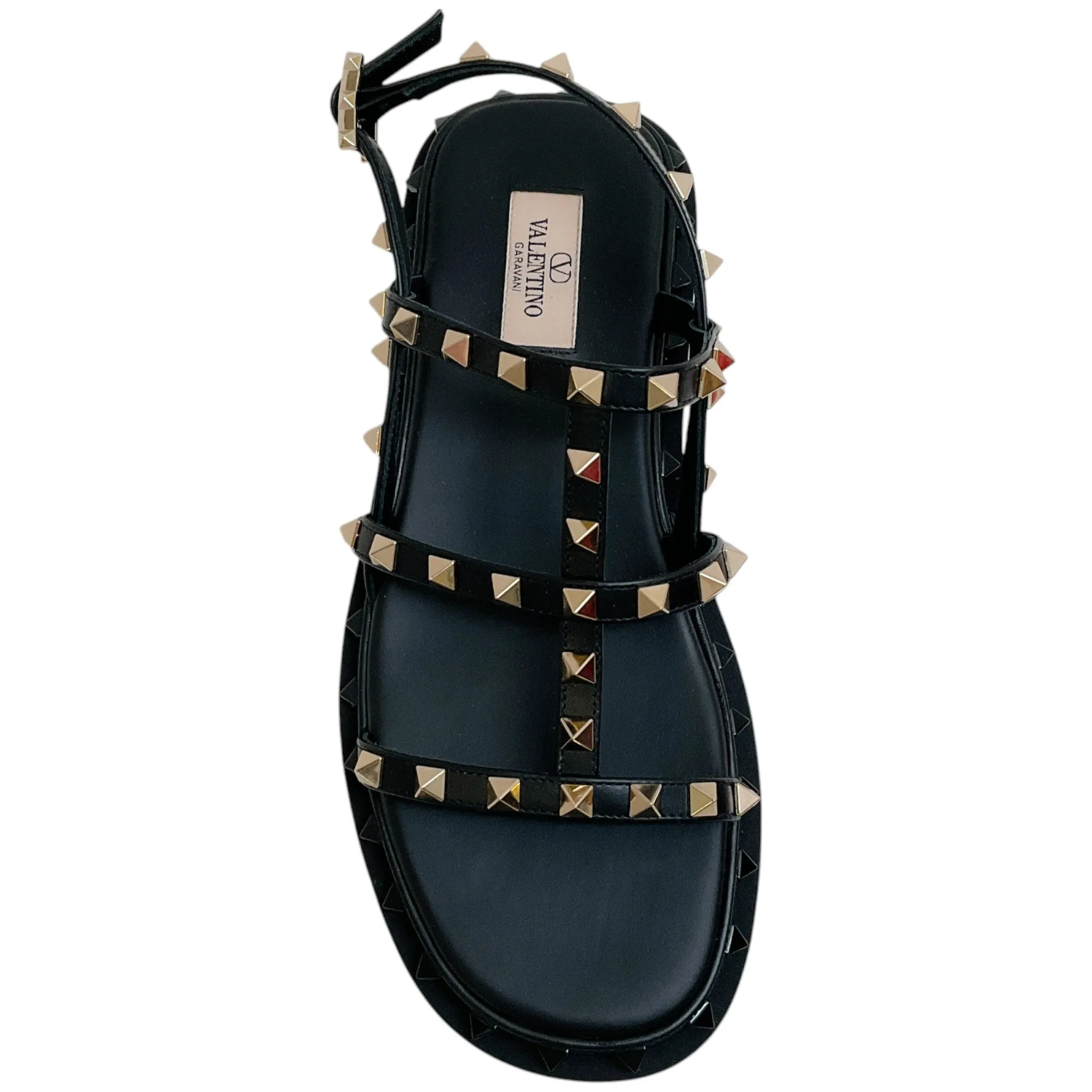 Valentino Black Leather Multi Strap Rockstud Flat Sandals