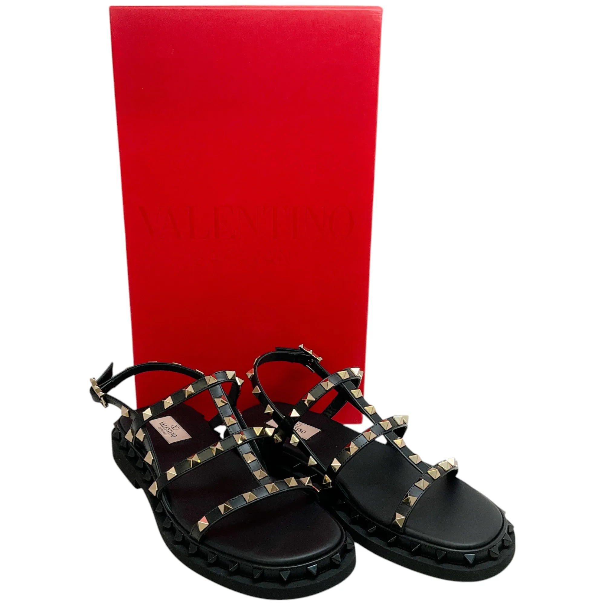 Valentino Black Leather Multi Strap Rockstud Flat Sandals
