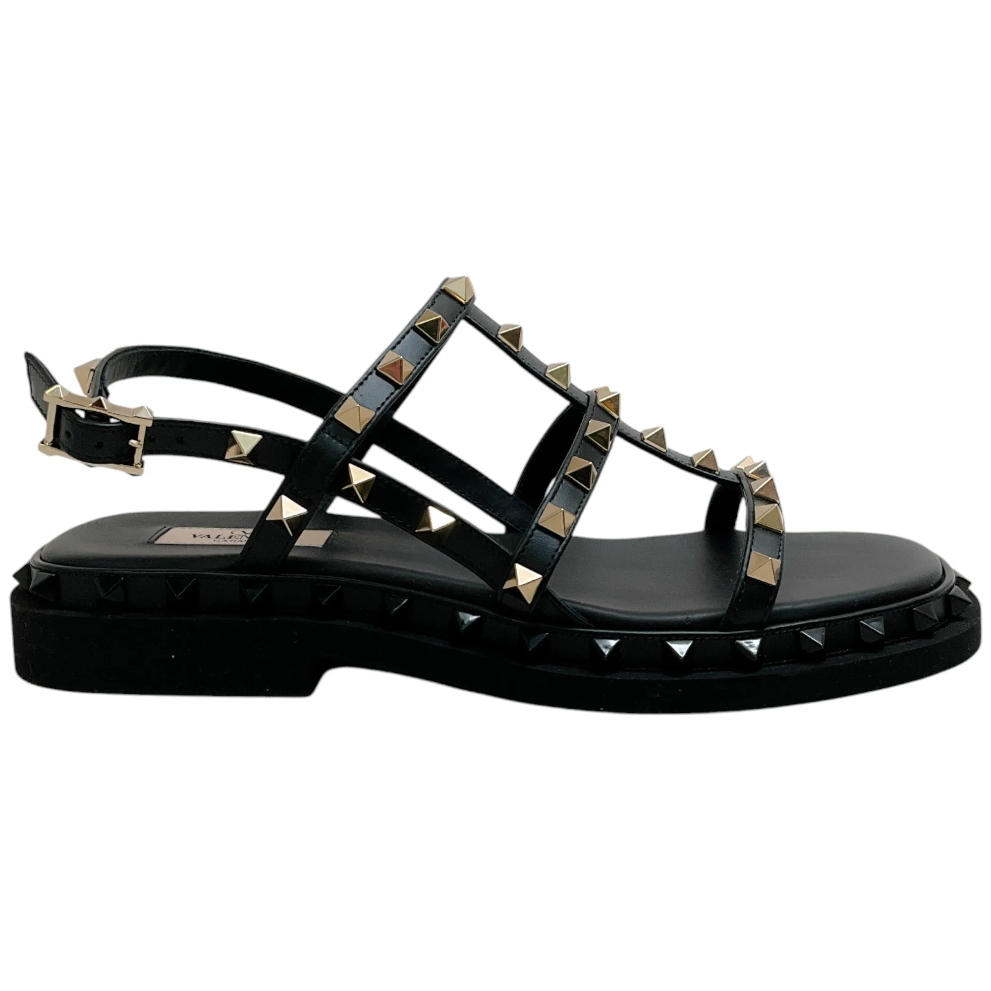 Valentino Black Leather Multi Strap Rockstud Flat Sandals