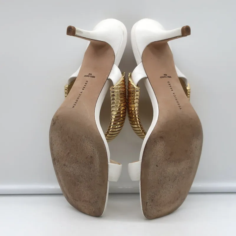 Veronica Beard Meena Metal-Strap Mules Cream Leather Size 8 Open Toe Sandals