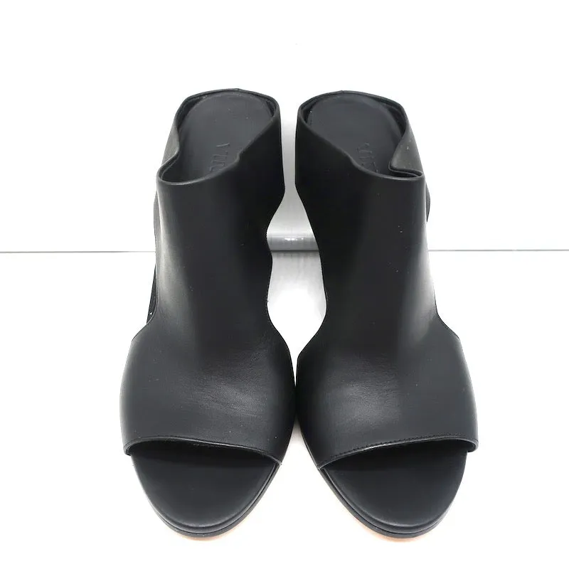 Vince Cutout Wedge Mules Kaya Black Leather Size 9 Peep Toe Sandals NEW