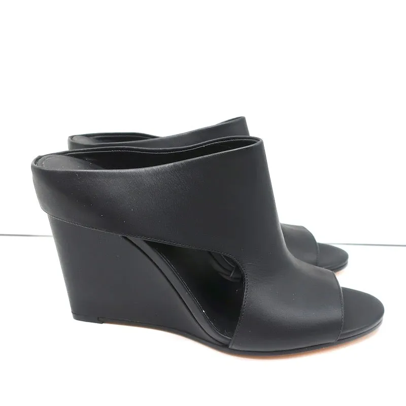 Vince Cutout Wedge Mules Kaya Black Leather Size 9 Peep Toe Sandals NEW