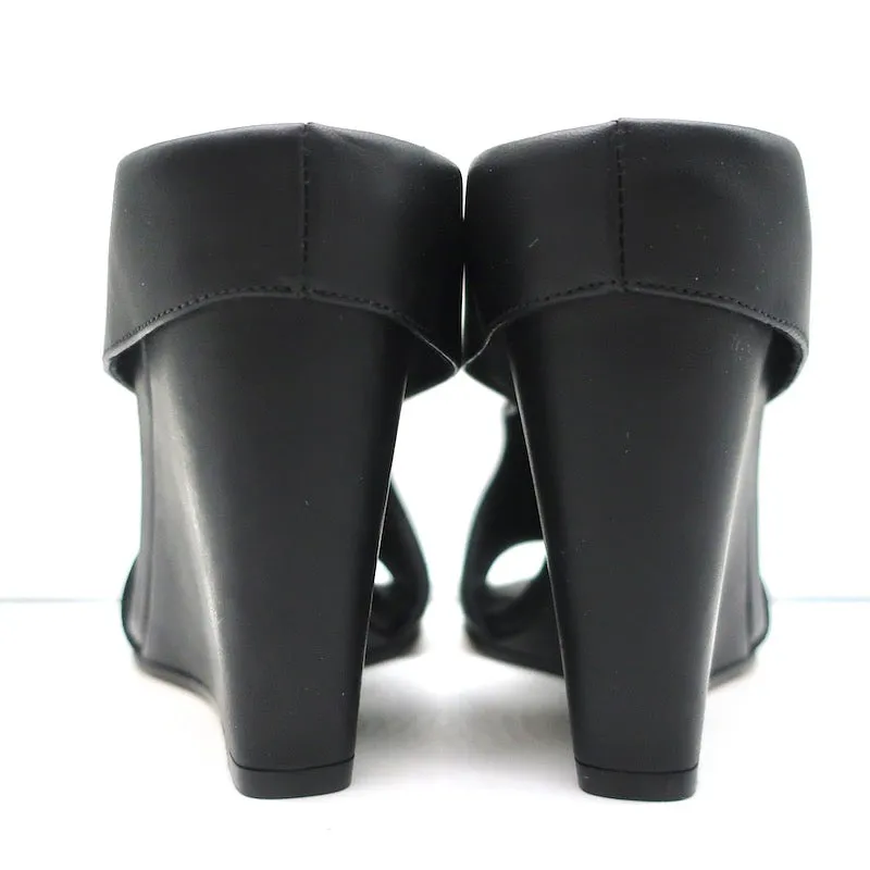 Vince Cutout Wedge Mules Kaya Black Leather Size 9 Peep Toe Sandals NEW