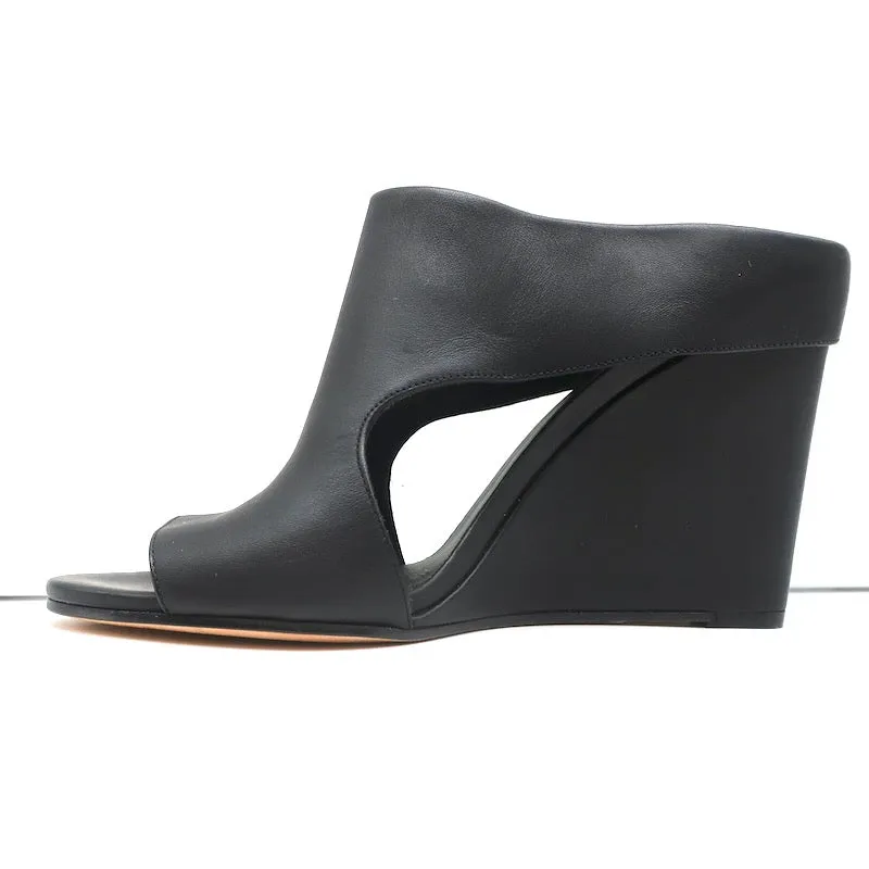 Vince Cutout Wedge Mules Kaya Black Leather Size 9 Peep Toe Sandals NEW